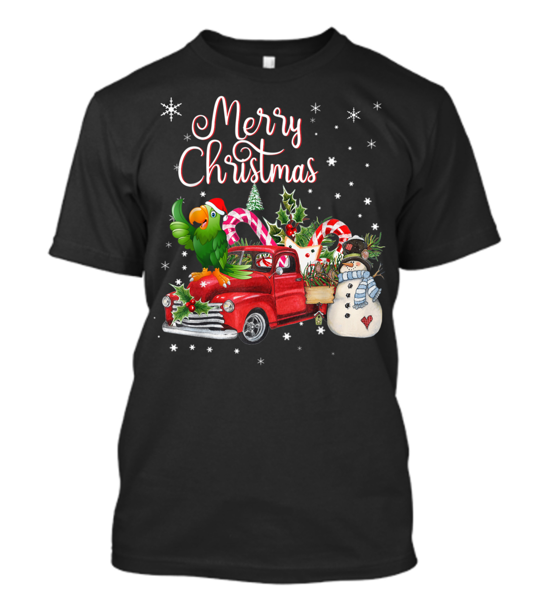 Merry Christmas Parrot On Red Truck With Snowman And Candy Canes T-Shirt