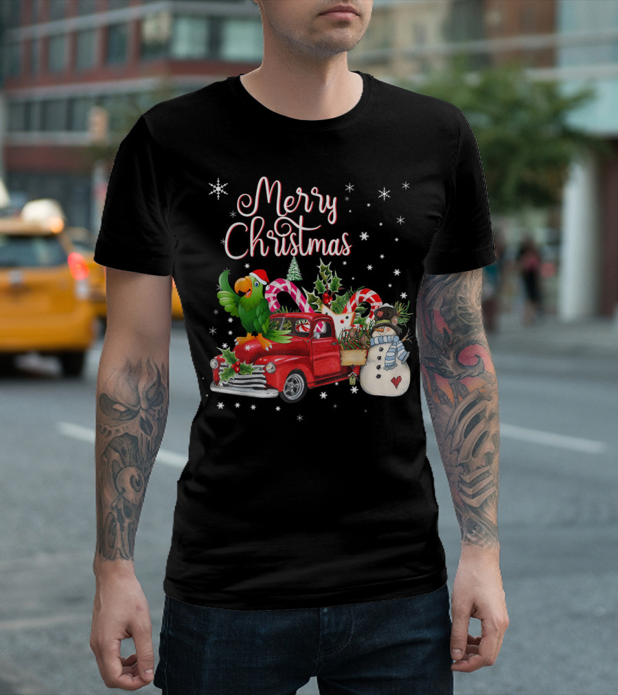 Merry Christmas Parrot On Red Truck With Snowman And Candy Canes T-Shirt