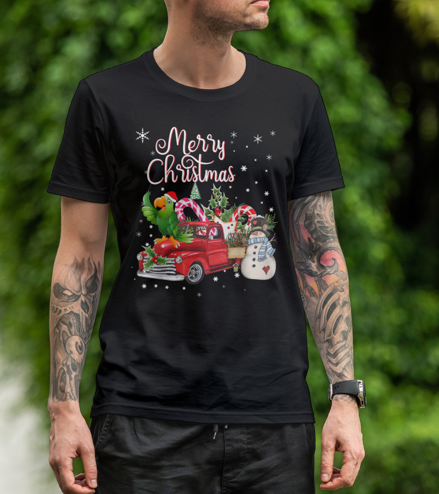 Merry Christmas Parrot On Red Truck With Snowman And Candy Canes T-Shirt