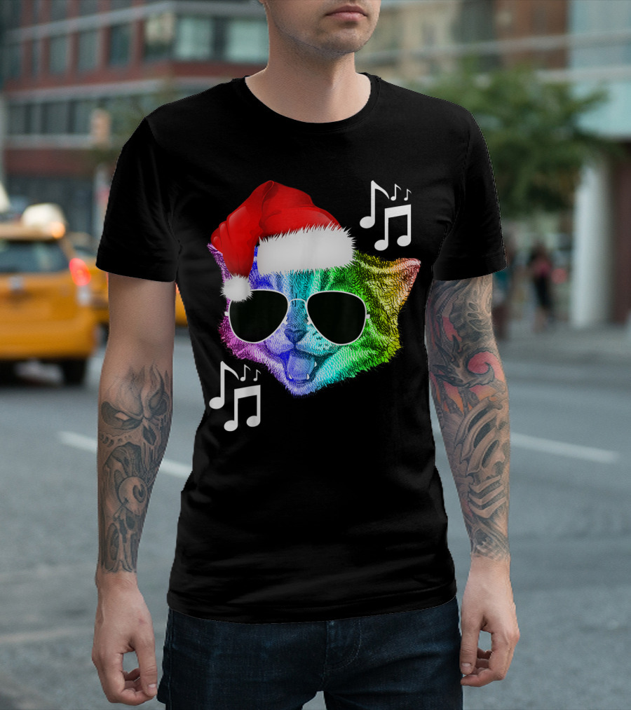 Funny Christmas Colorful Rainbow Music Kitty Cat with Santa Hat and Sunglasses T-Shirt