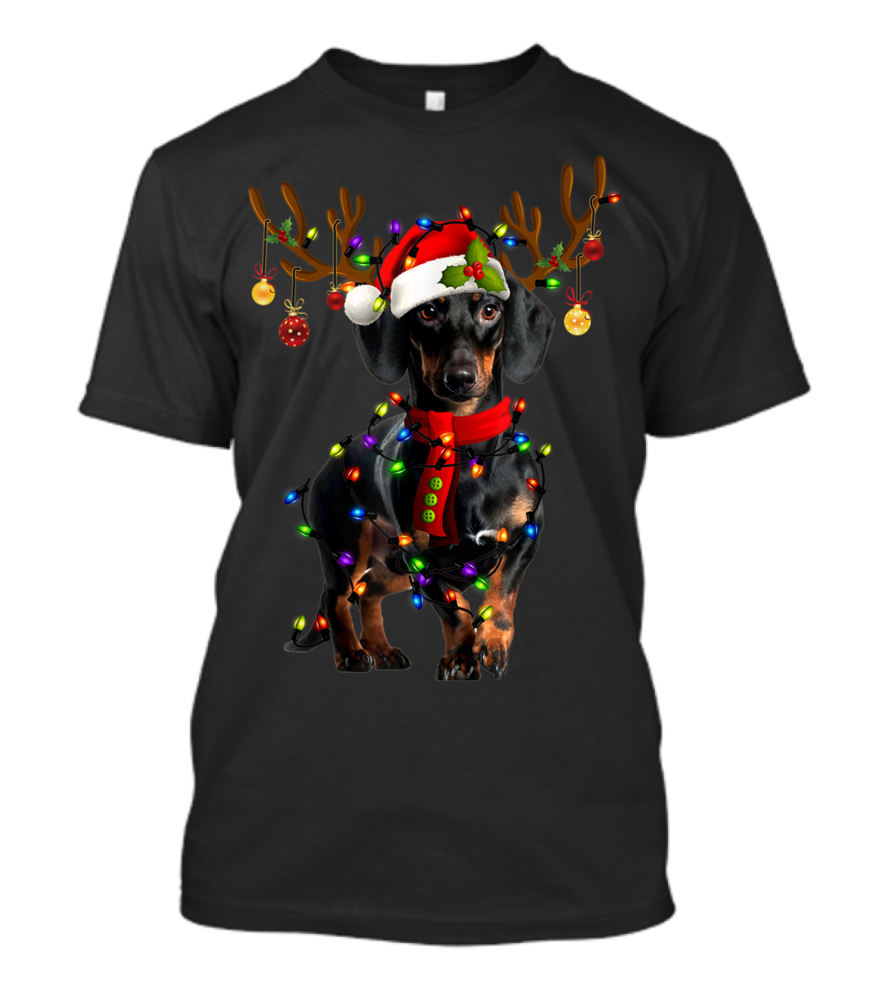 Dachshund Christmas Reindeer With Santa Hat And Lights T-Shirt