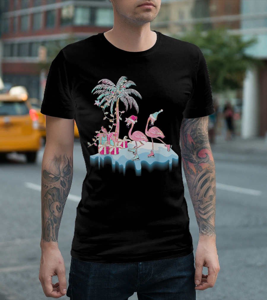 Flamingo Santa Skiing Christmas Outfit with Palm Tree and Presents T-Shirt