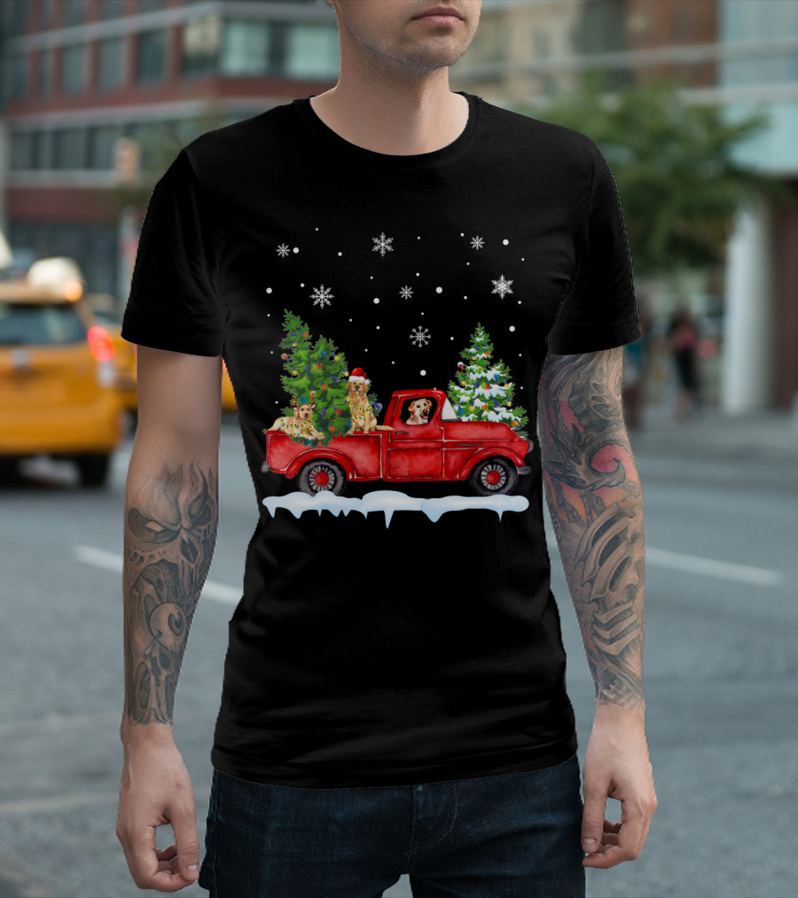 Golden Retriever Christmas in Red Truck with Snowflakes and Pine Trees T-Shirt