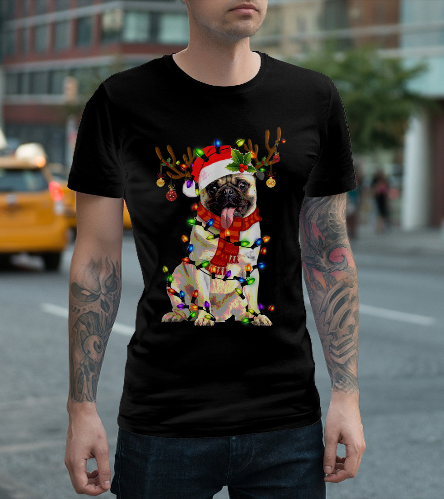 Funny Pug Dog Christmas Santa Hat Reindeer Lights T-Shirt