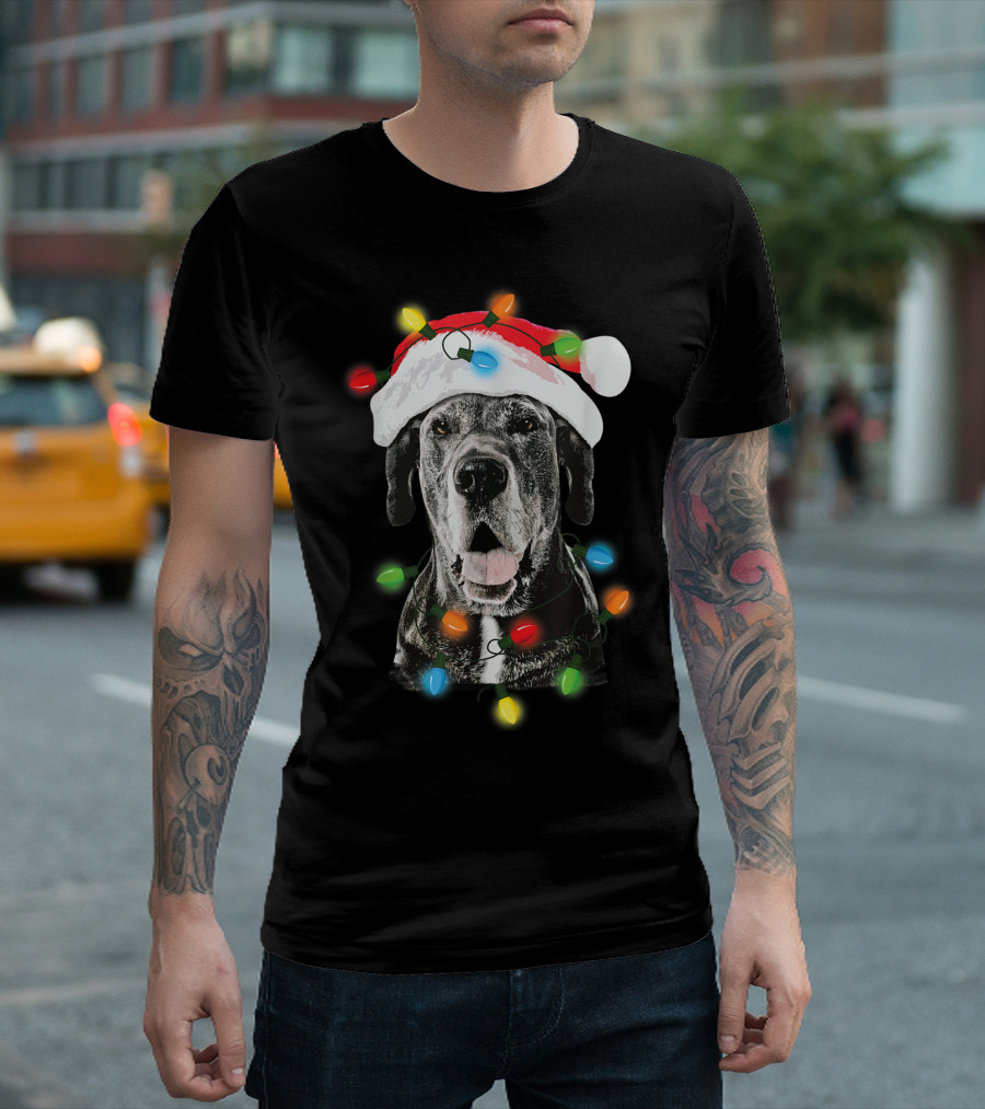 Funny Santa Great Dane Wrapped in Christmas Lights T-Shirt