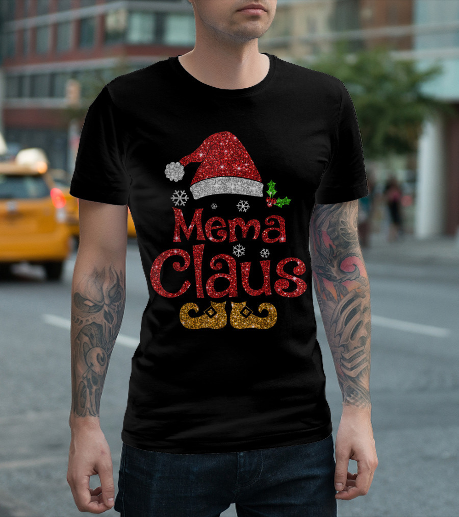 Mema Claus Glitter Santa Hat Holly Snowflakes Festive T-Shirt