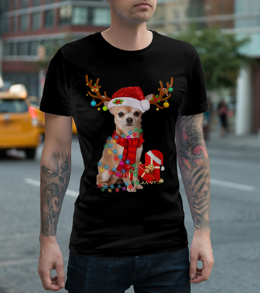 Santa Reindeer Antlers Chihuahua Christmas Lights T-Shirt
