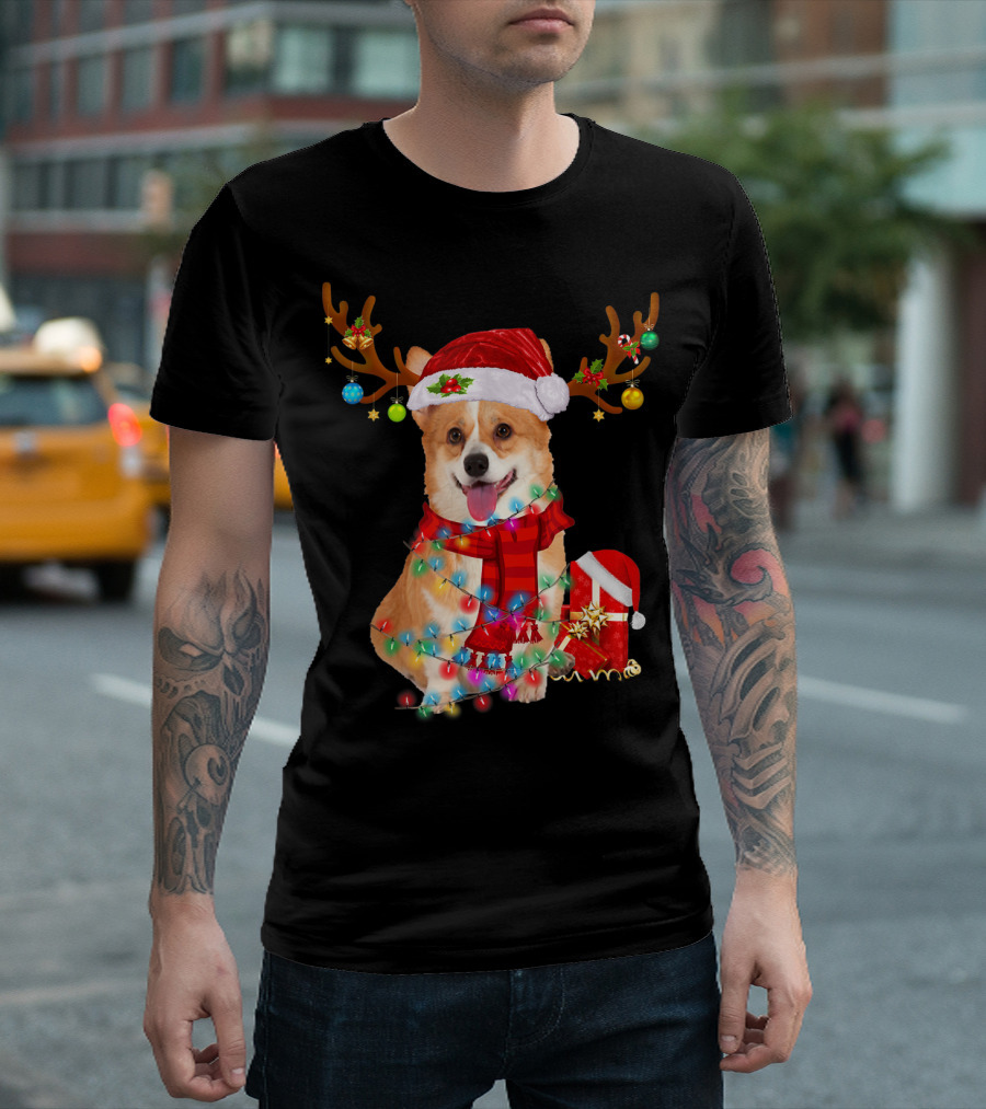 Funny Santa Reindeer Corgi Wrapped in Christmas Lights and Hat T-Shirt