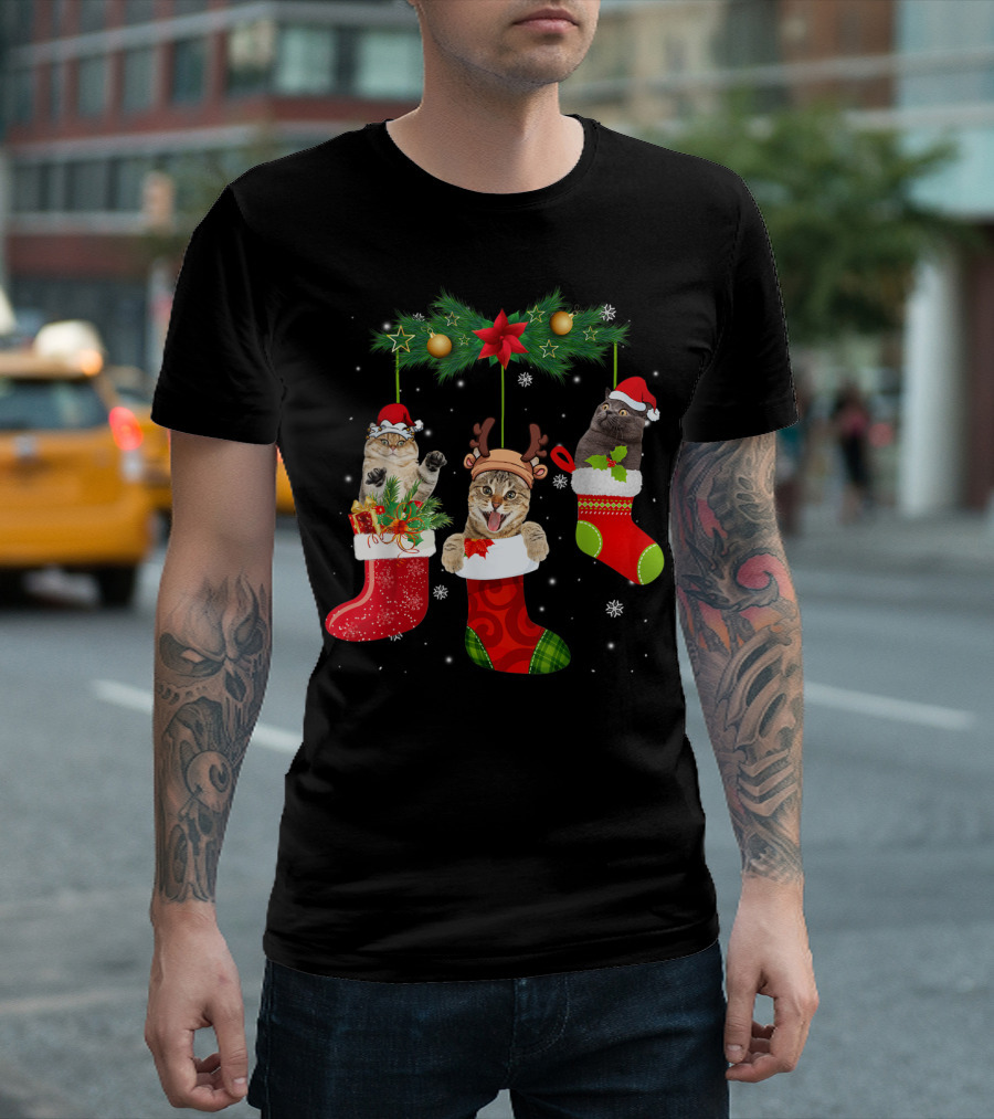 Christmas Cats in Santa Stockings with Antlers and Santa Hats T-Shirt