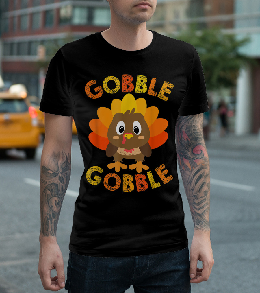 Gobble Gobble Cute Turkey with Colorful Feathers T-Shirt