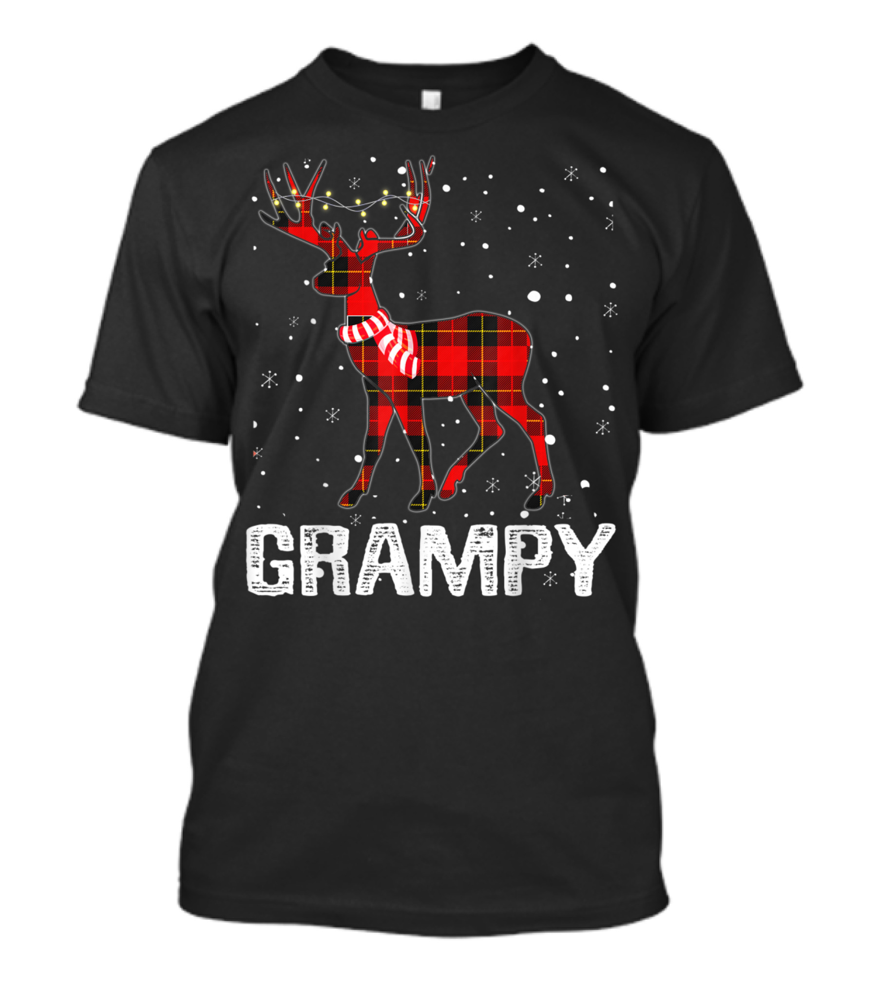 Grampy Plaid Deer With String Lights And Snowflakes T-Shirt