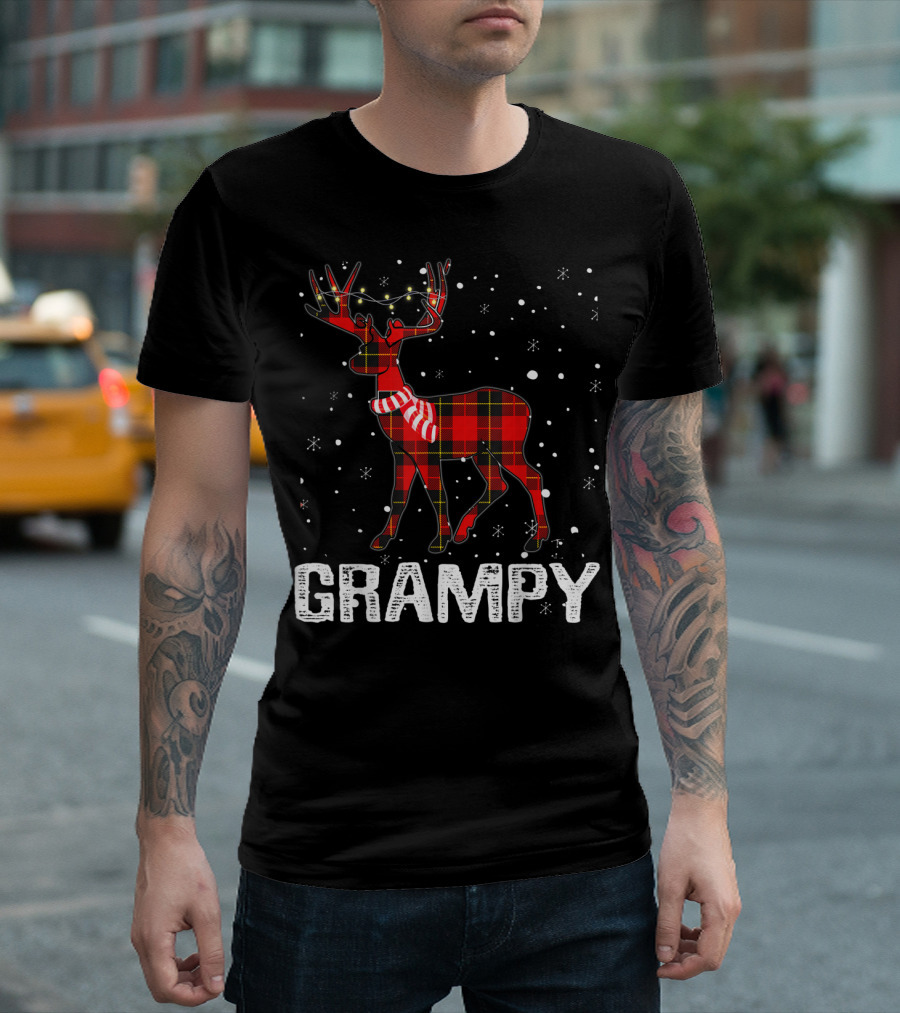 Grampy Plaid Deer With String Lights And Snowflakes T-Shirt