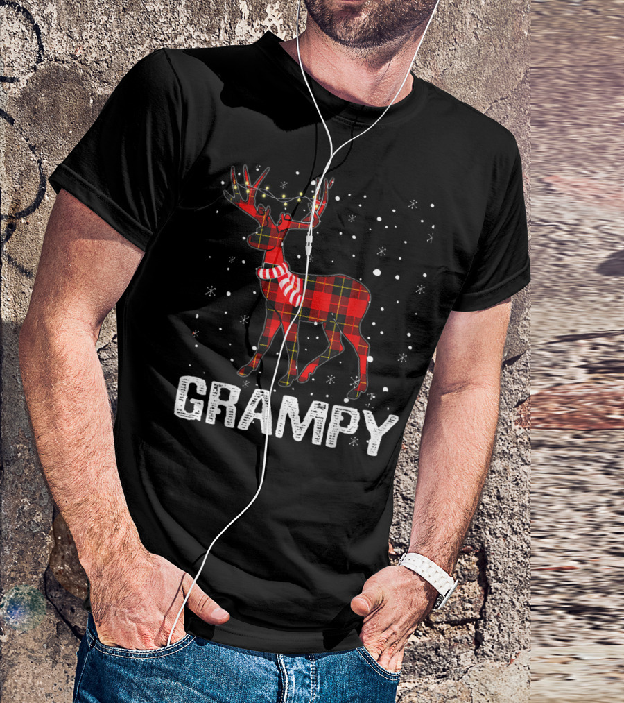 Grampy Plaid Deer With String Lights And Snowflakes T-Shirt