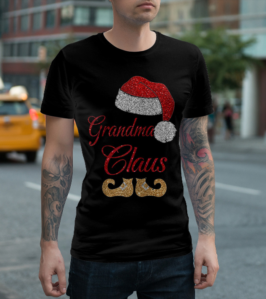 Grandma Claus Glitter Hat and Shoes Family Christmas Matching Group T-Shirt