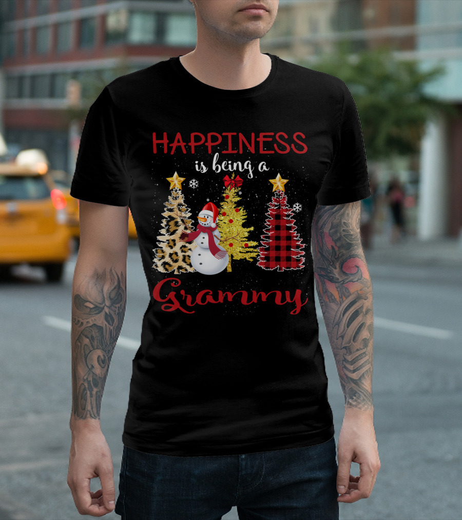 Happiness Is Being a Grammy Snowman Christmas Plaid Leopard Trees T-Shirt