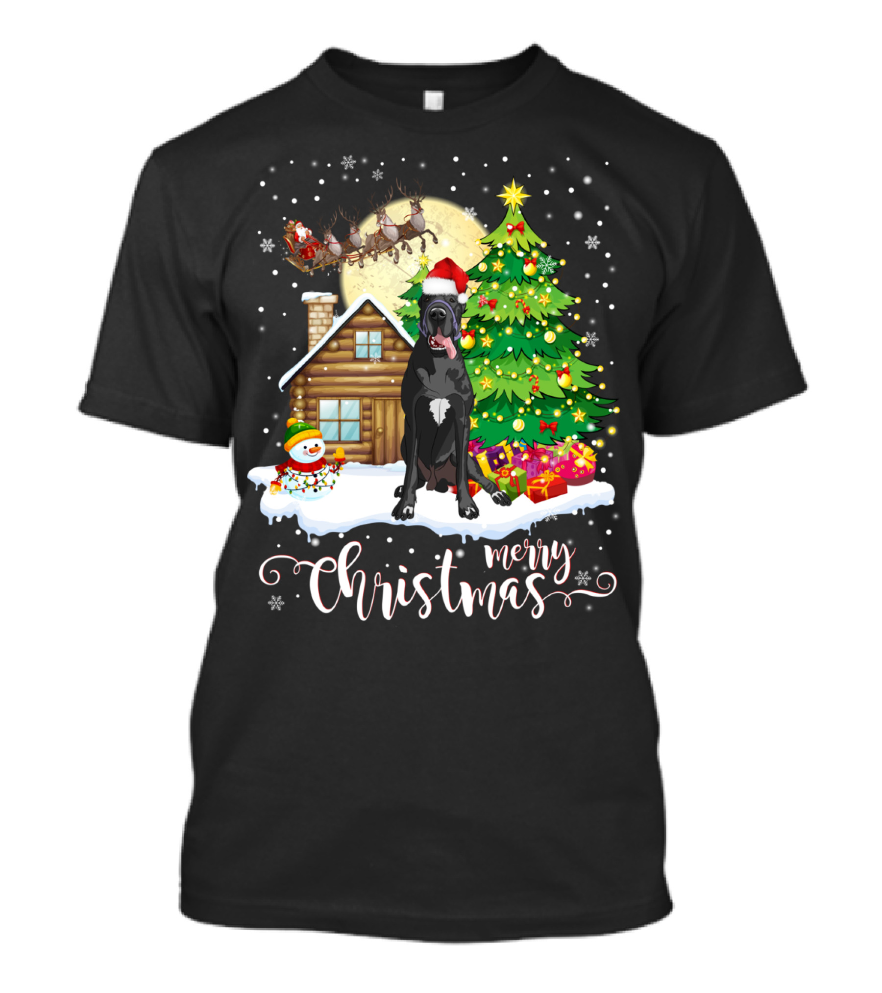 Great Dane Merry Christmas Holiday Scene Santa Hat T-Shirt