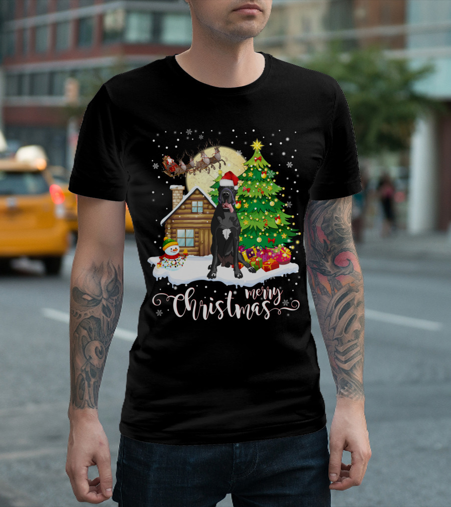 Great Dane Merry Christmas Holiday Scene Santa Hat T-Shirt