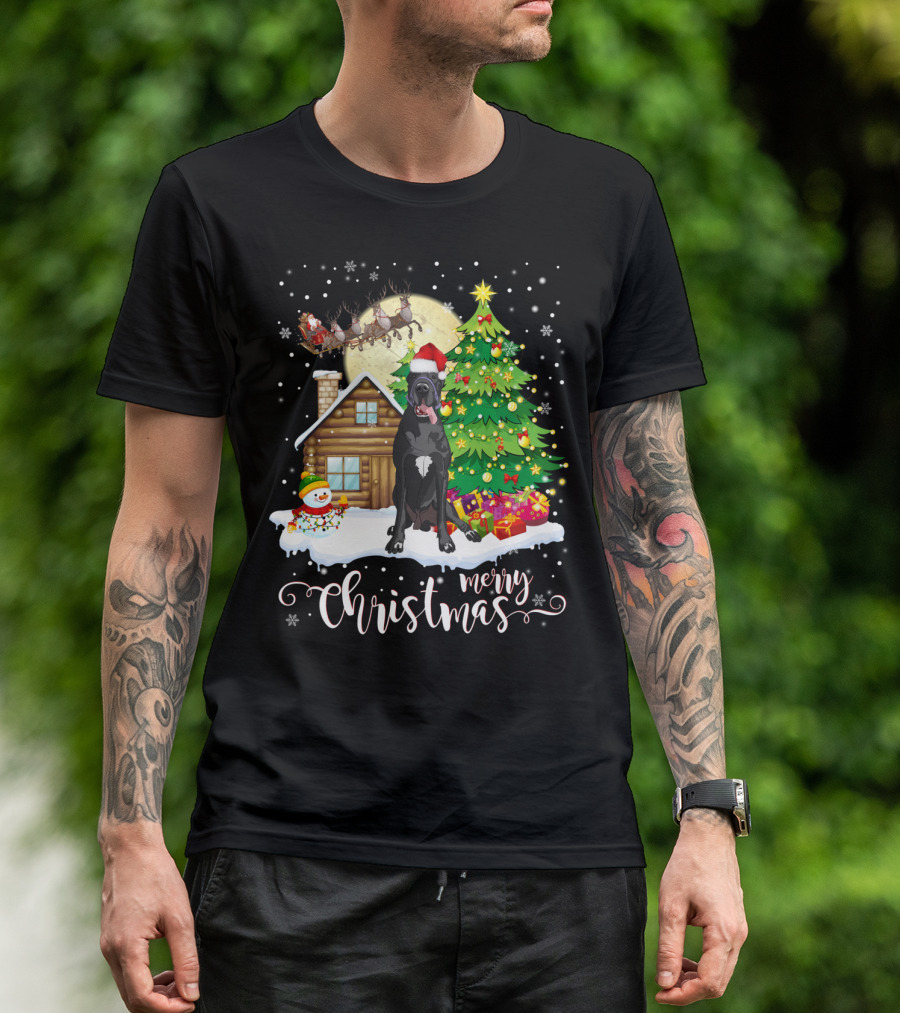 Great Dane Merry Christmas Holiday Scene Santa Hat T-Shirt