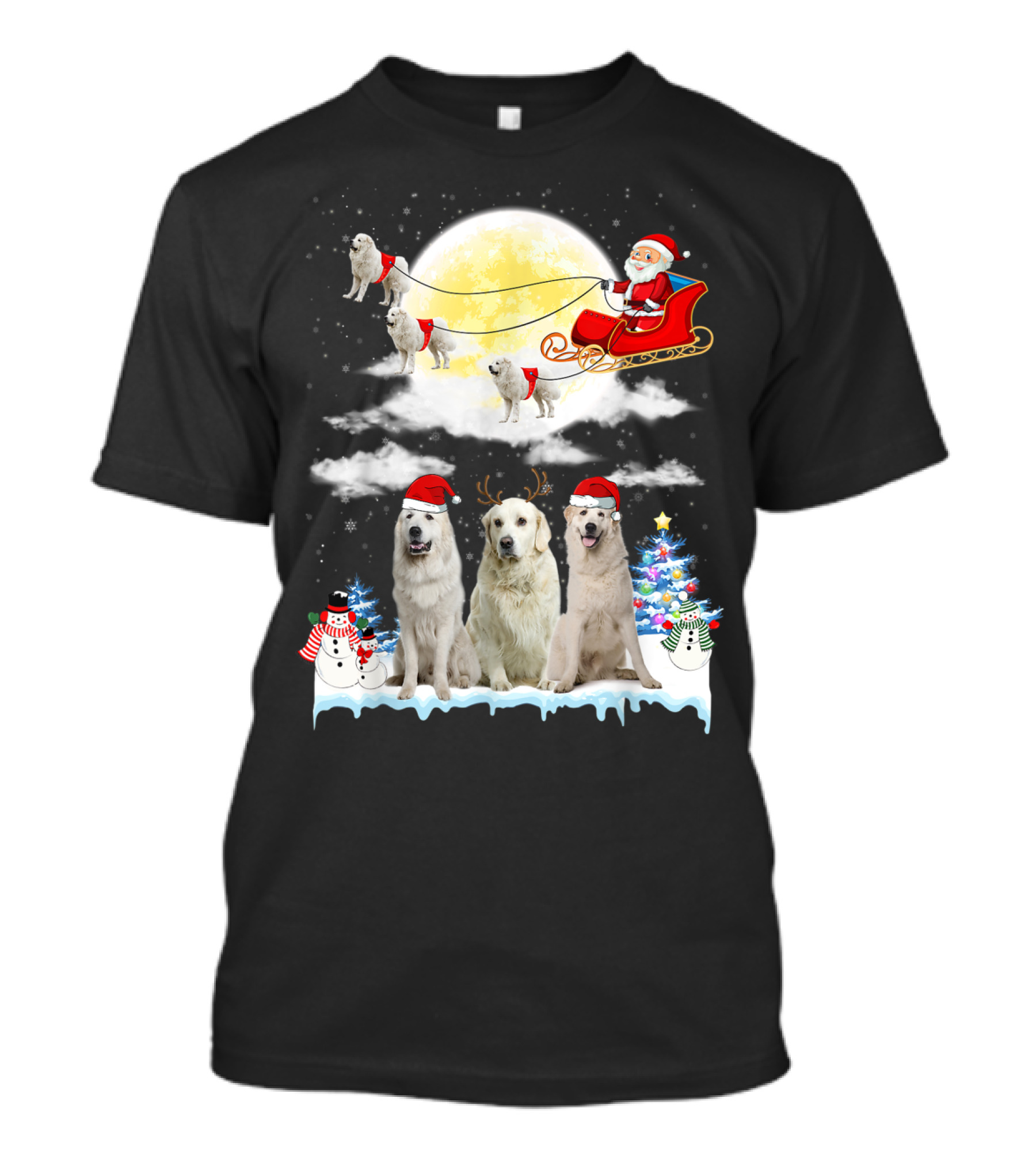 Great Pyrenees Dogs In Santa's Sleigh With Christmas Tree And Snowmen T-Shirt