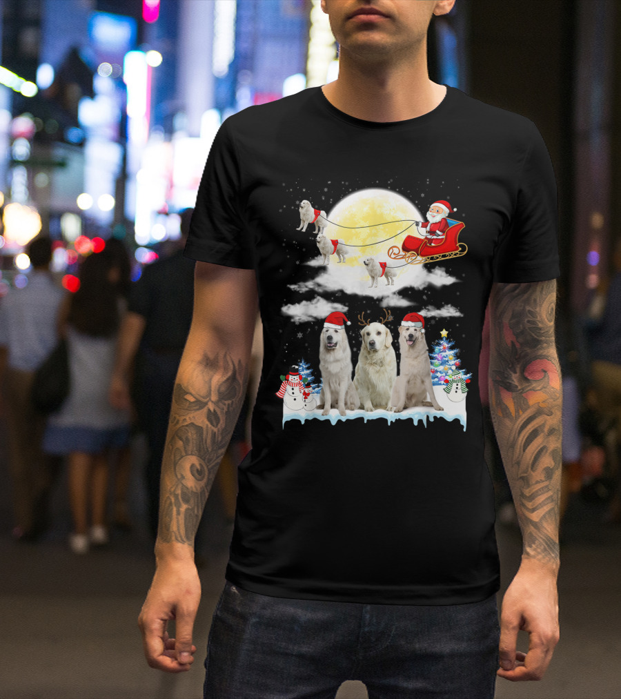 Great Pyrenees Dogs In Santa's Sleigh With Christmas Tree And Snowmen T-Shirt