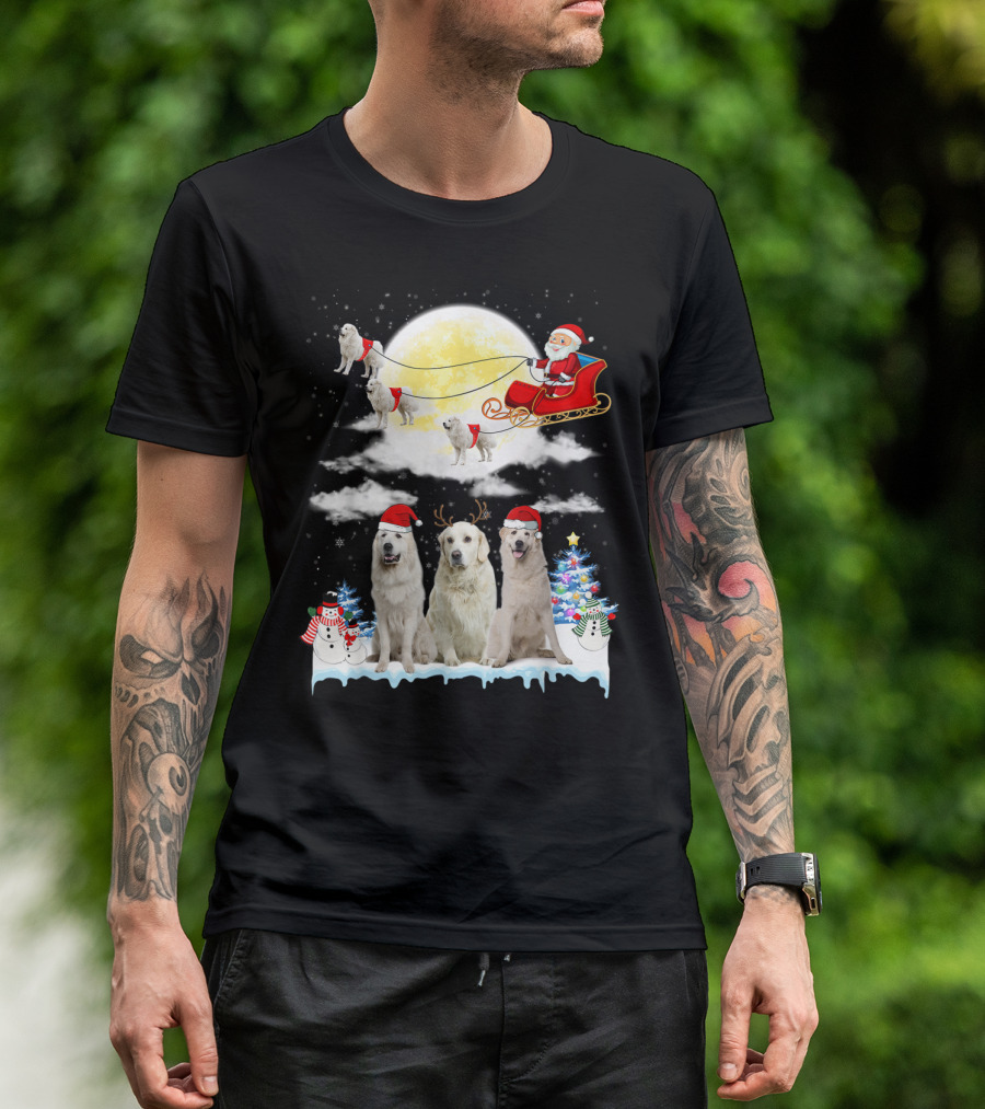 Great Pyrenees Dogs In Santa's Sleigh With Christmas Tree And Snowmen T-Shirt
