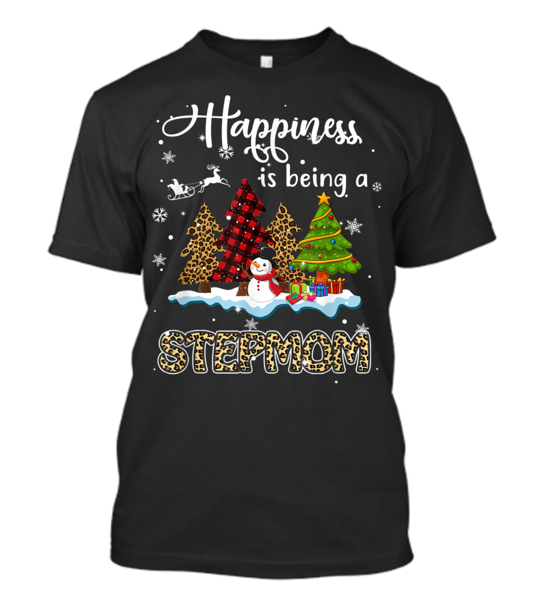 Happiness Is Being A Stepmom Christmas Tree Snowman Buffalo Plaid Leopard T-Shirt
