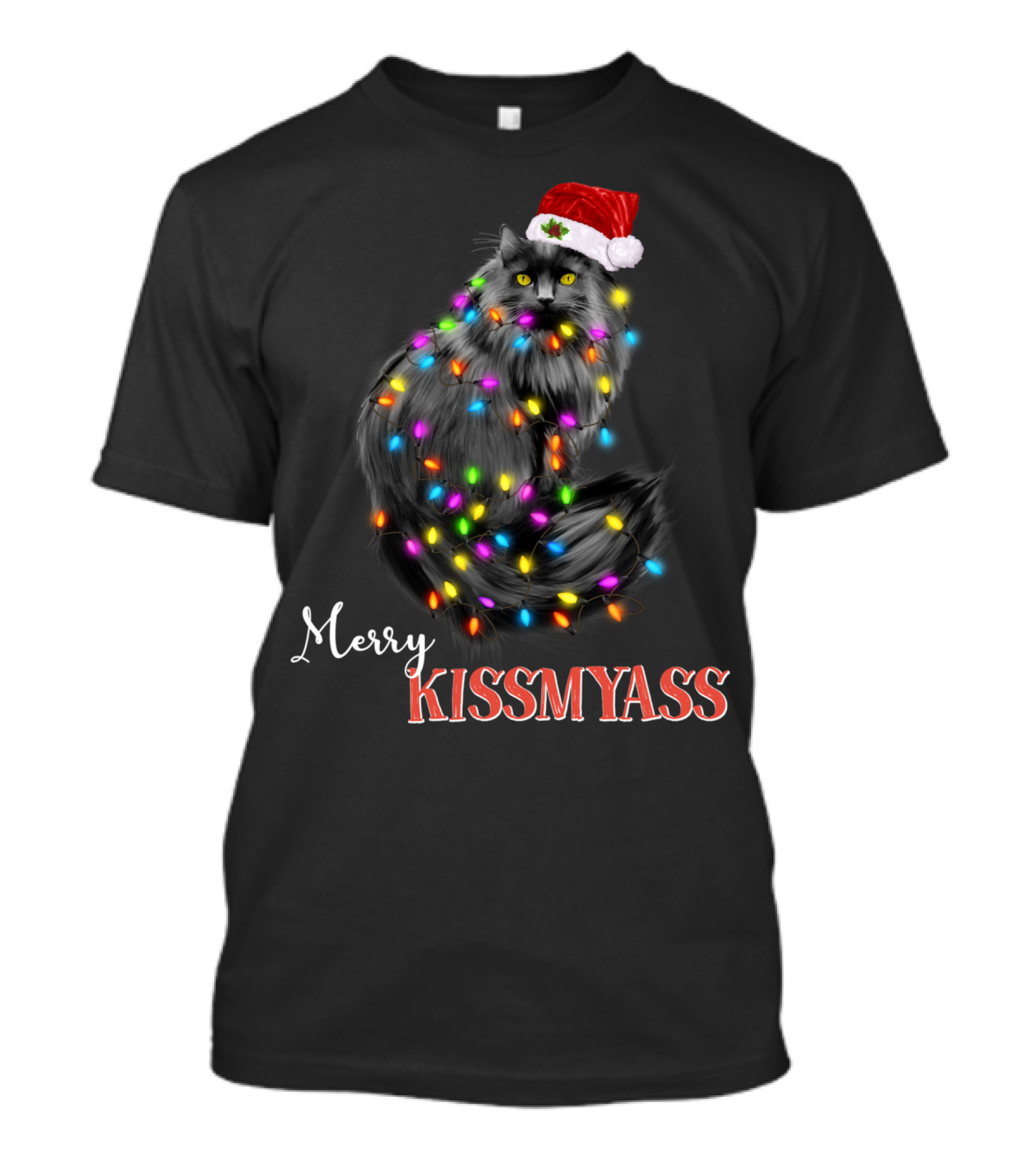Merry Kissmyass Funny Black Cat Santa Hat Christmas Lights T-Shirt