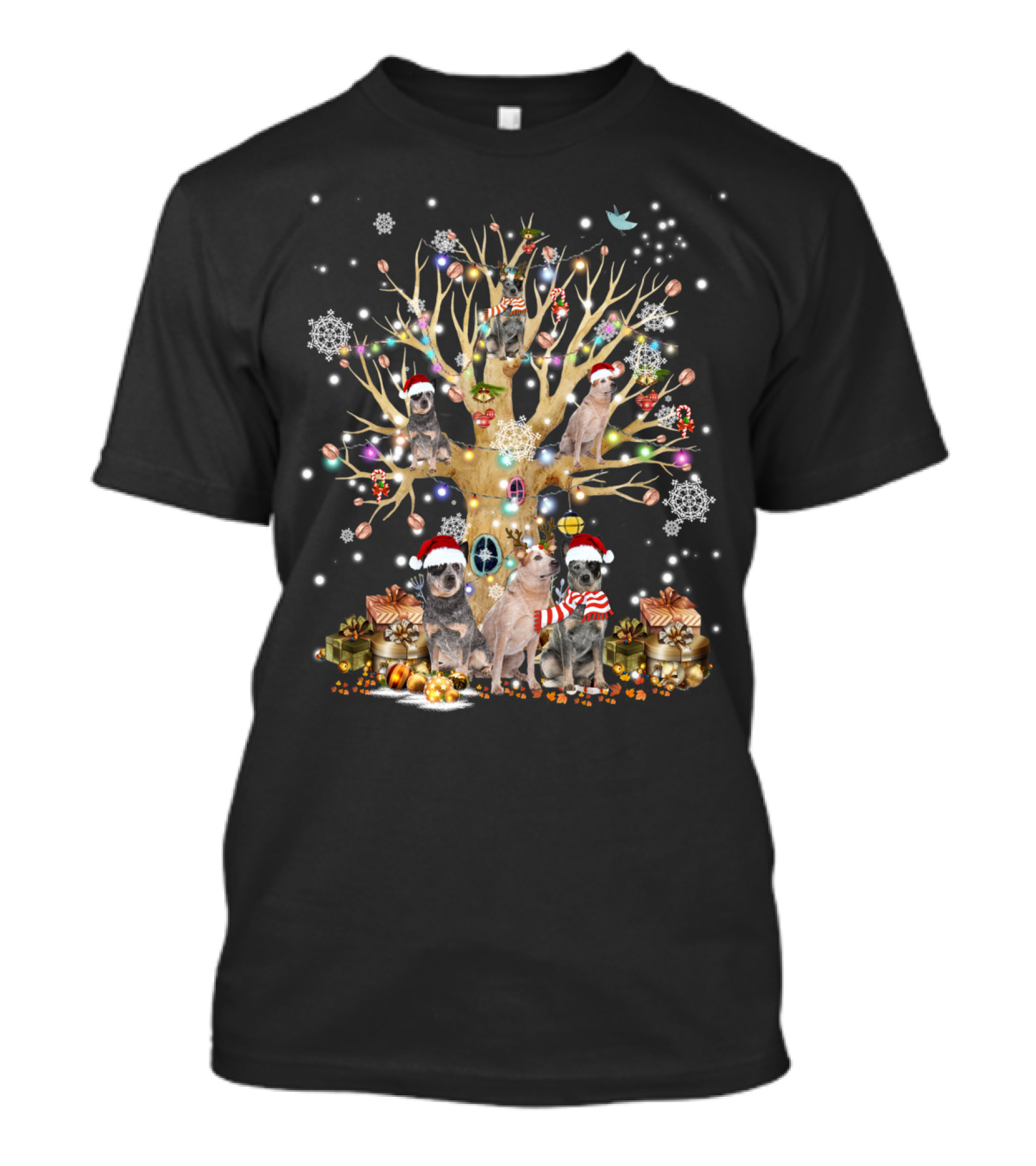 Heeler Dog Christmas Tree With Santa Hats And Gifts T-Shirt