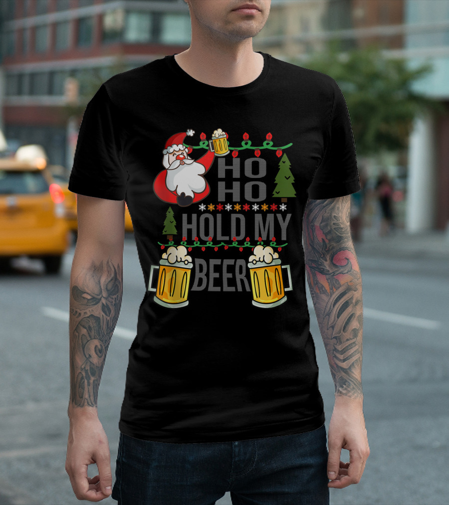Santa Ho Ho Hold My Beer Christmas Lights And Mugs T-Shirt