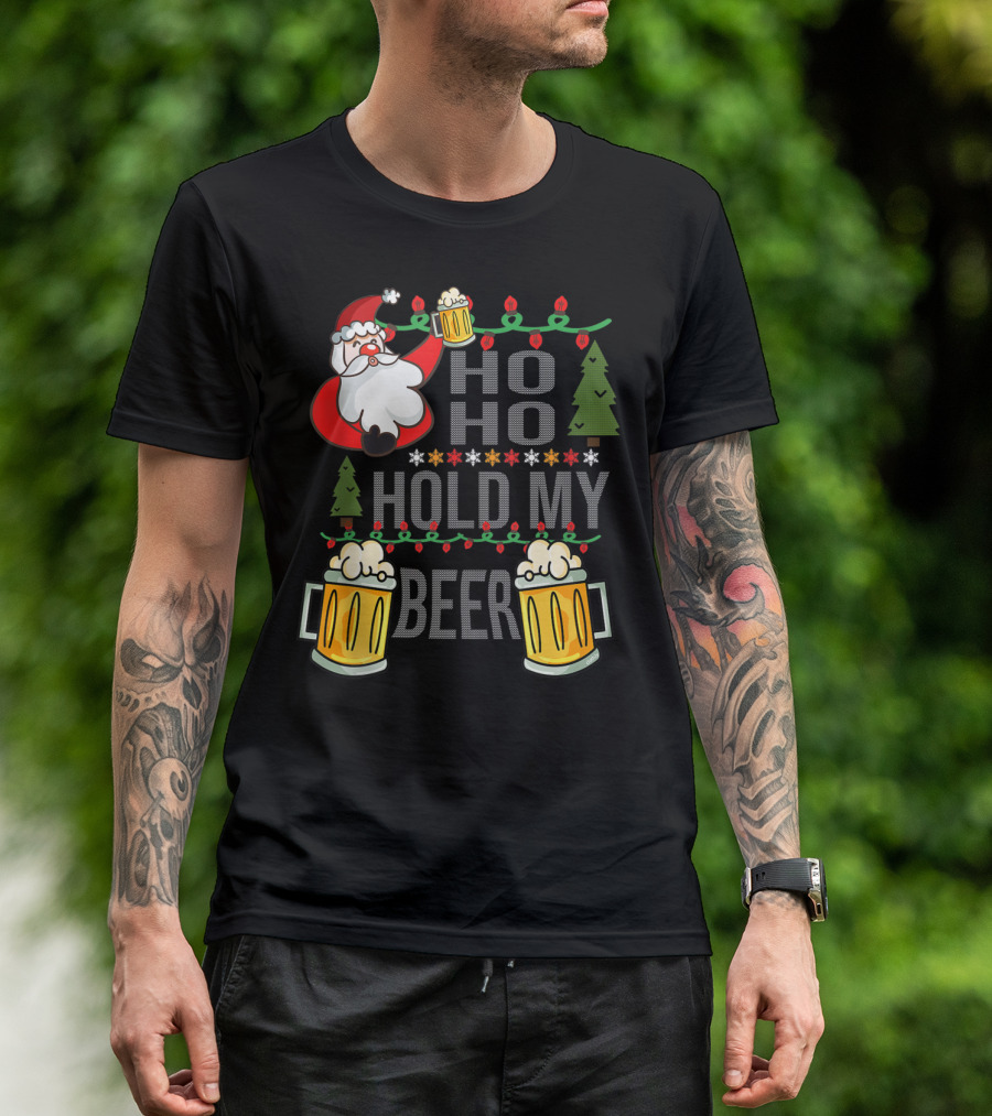 Santa Ho Ho Hold My Beer Christmas Lights And Mugs T-Shirt