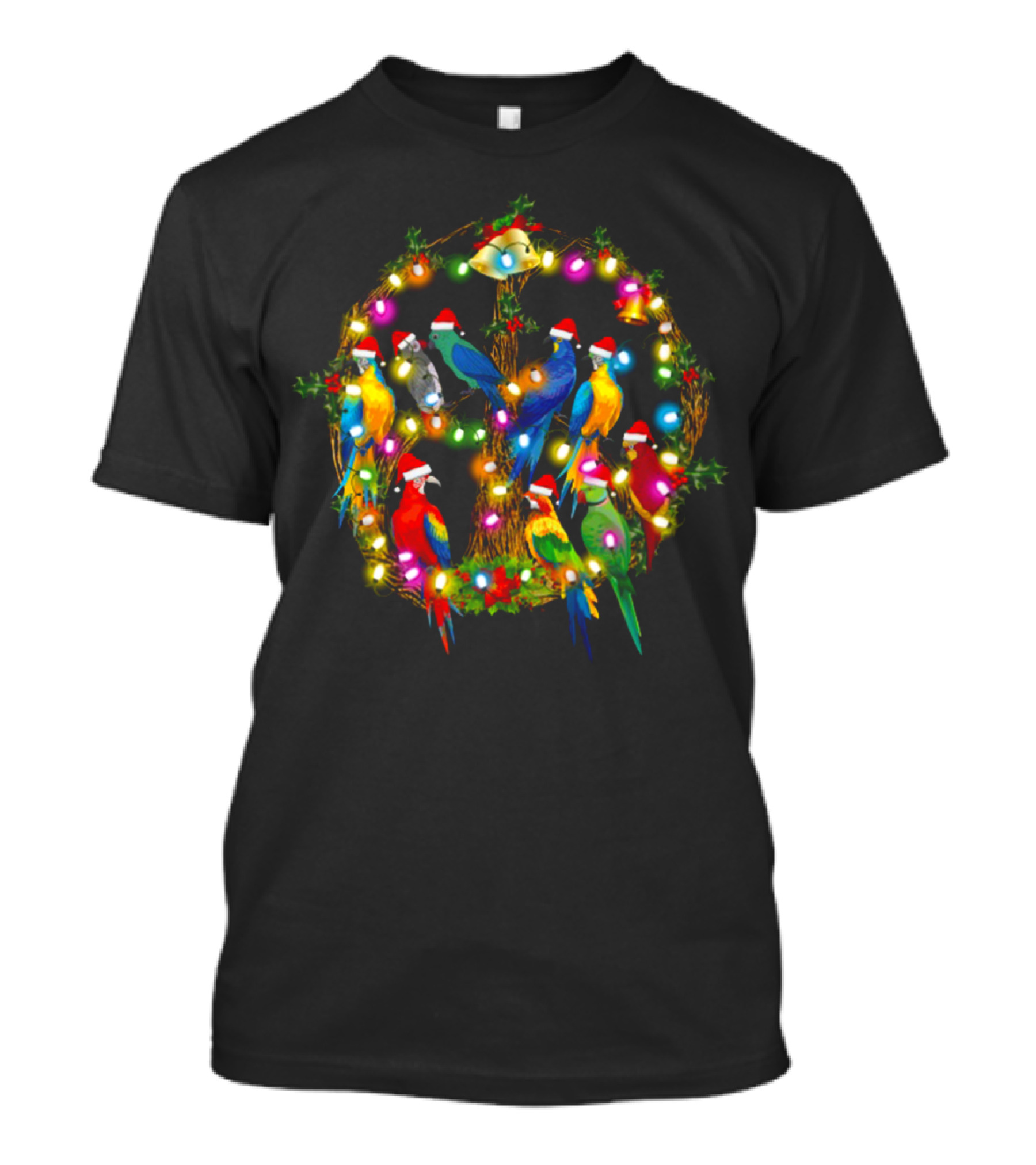 Hummingbird And Parrots With Santa Hats And Christmas Lights T-Shirt