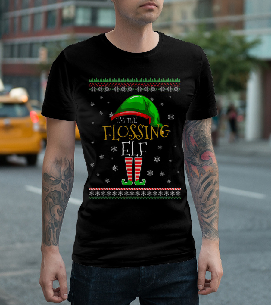 I'm The Flossing Elf Christmas Hat and Striped Socks Snowflakes T-Shirt