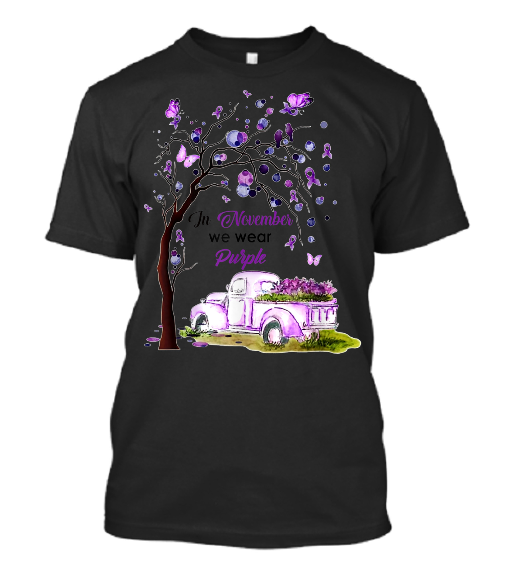 In November We Wear Purple Alzheimer's Awareness Tree And Vintage Truck T-Shirt