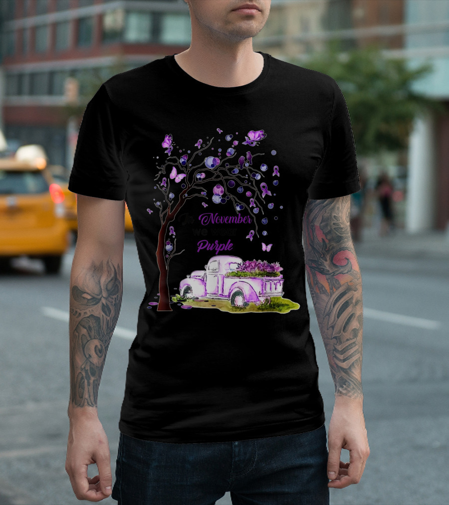 In November We Wear Purple Alzheimer's Awareness Tree And Vintage Truck T-Shirt