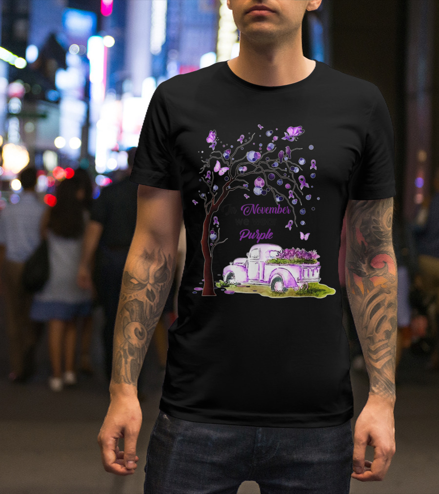 In November We Wear Purple Alzheimer's Awareness Tree And Vintage Truck T-Shirt