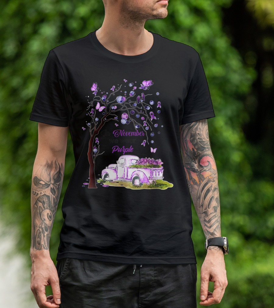In November We Wear Purple Alzheimer's Awareness Tree And Vintage Truck T-Shirt