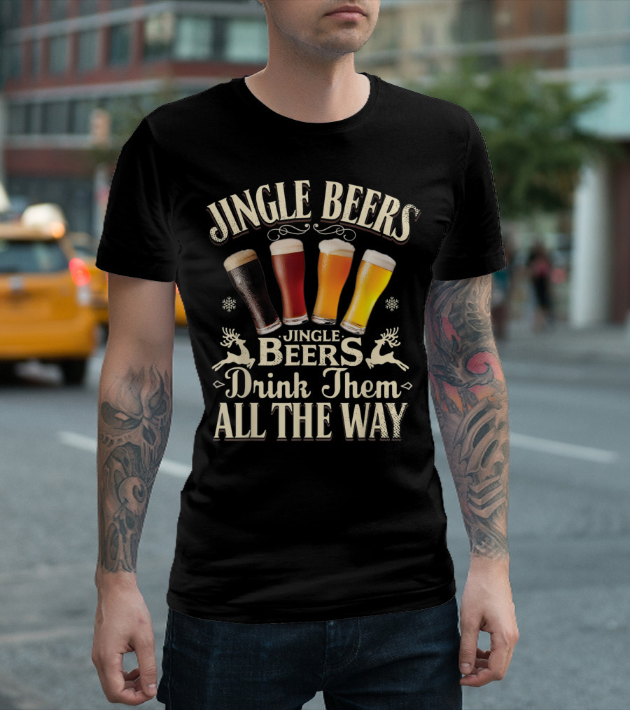 Jingle Beers Drink Them All The Way with Festive Reindeer and Four Beer Glasses T-Shirt