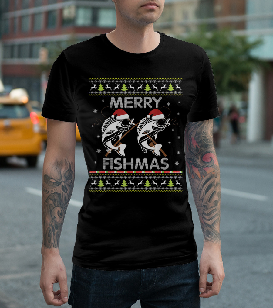 Merry Fishmas Fishing Christmas Santa Fish Reindeer Trees Snowflakes T-Shirt