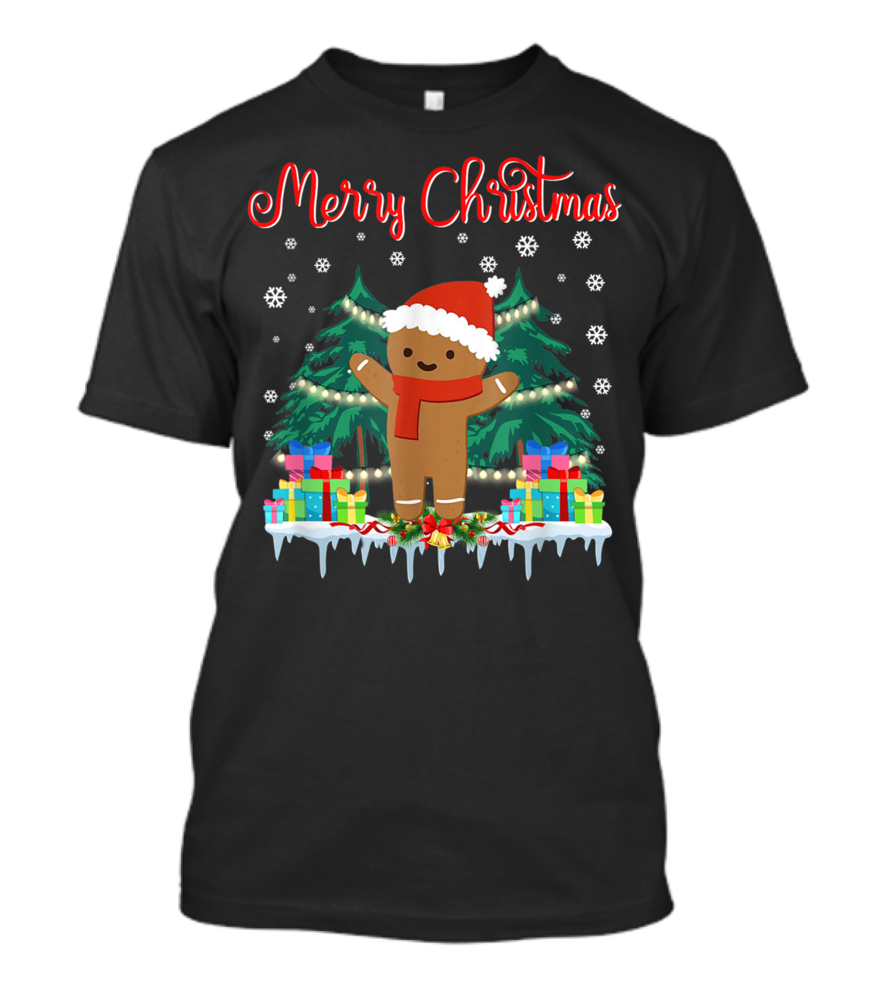 Merry Christmas Gingerbread With Santa Hat And Holiday Gifts Elements T-Shirt