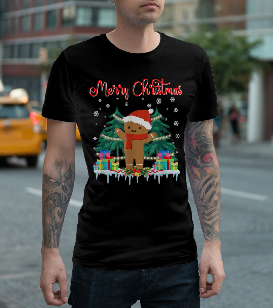 Merry Christmas Gingerbread with Santa Hat and Holiday Gifts Elements T-Shirt