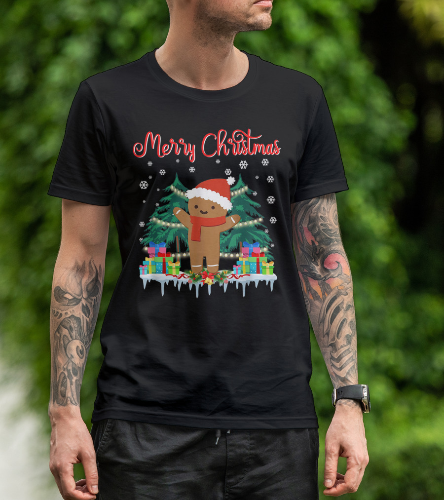 Merry Christmas Gingerbread With Santa Hat And Holiday Gifts Elements T-Shirt