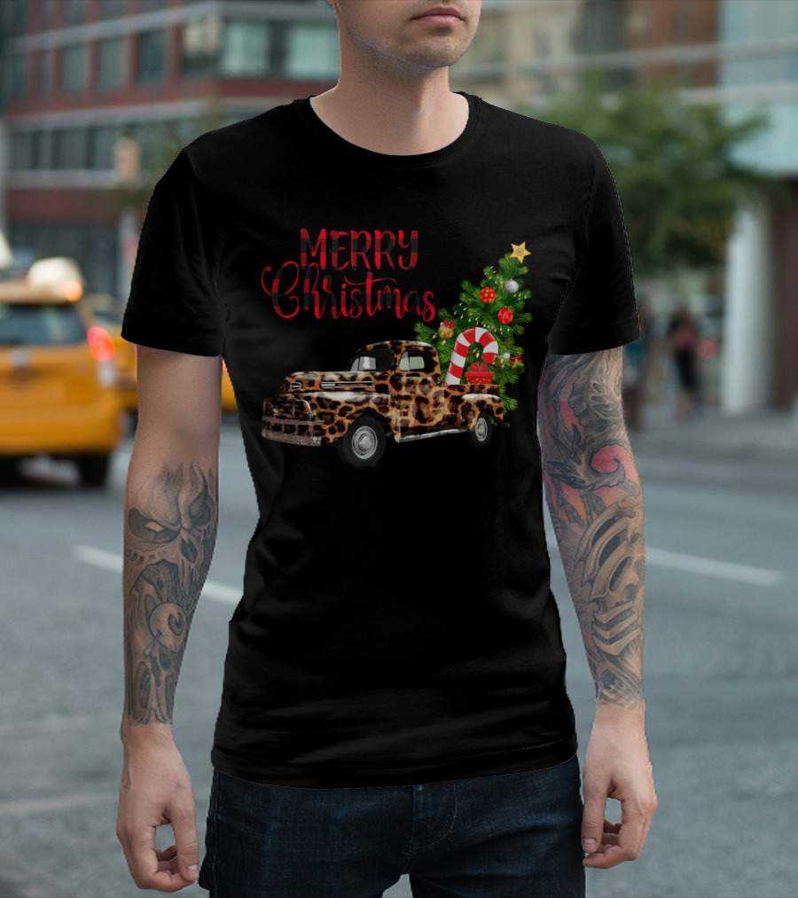 Merry Christmas Leopard Print Truck with Decorated Tree and Candy Cane T-Shirt