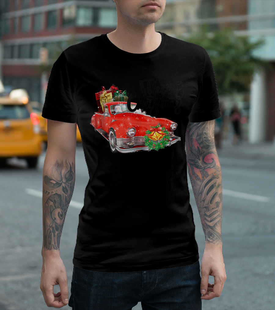Merry Christmas Santa Driving Red Vintage Car with Gifts T-Shirt