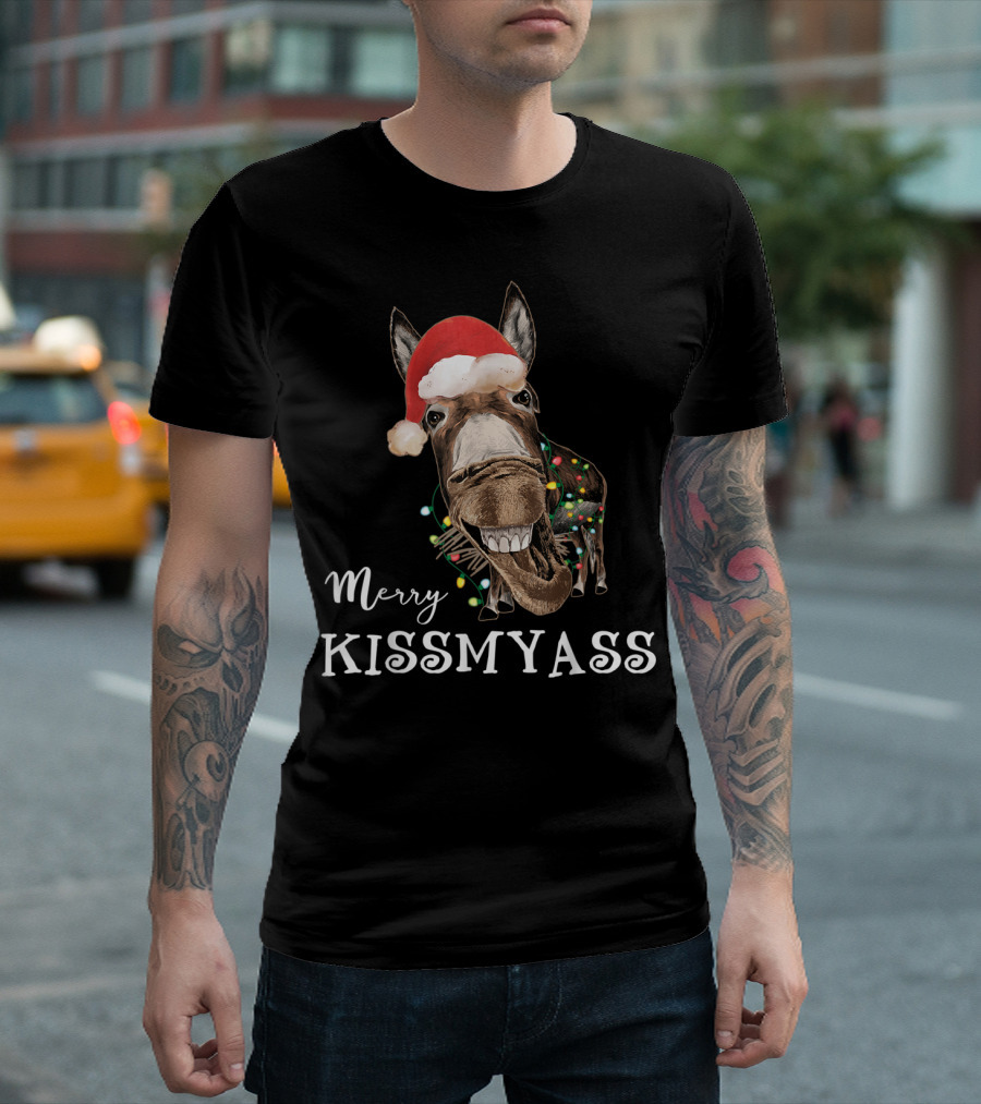 Merry Kissmyass Donkey with Santa Hat and Festive Lights T-Shirt
