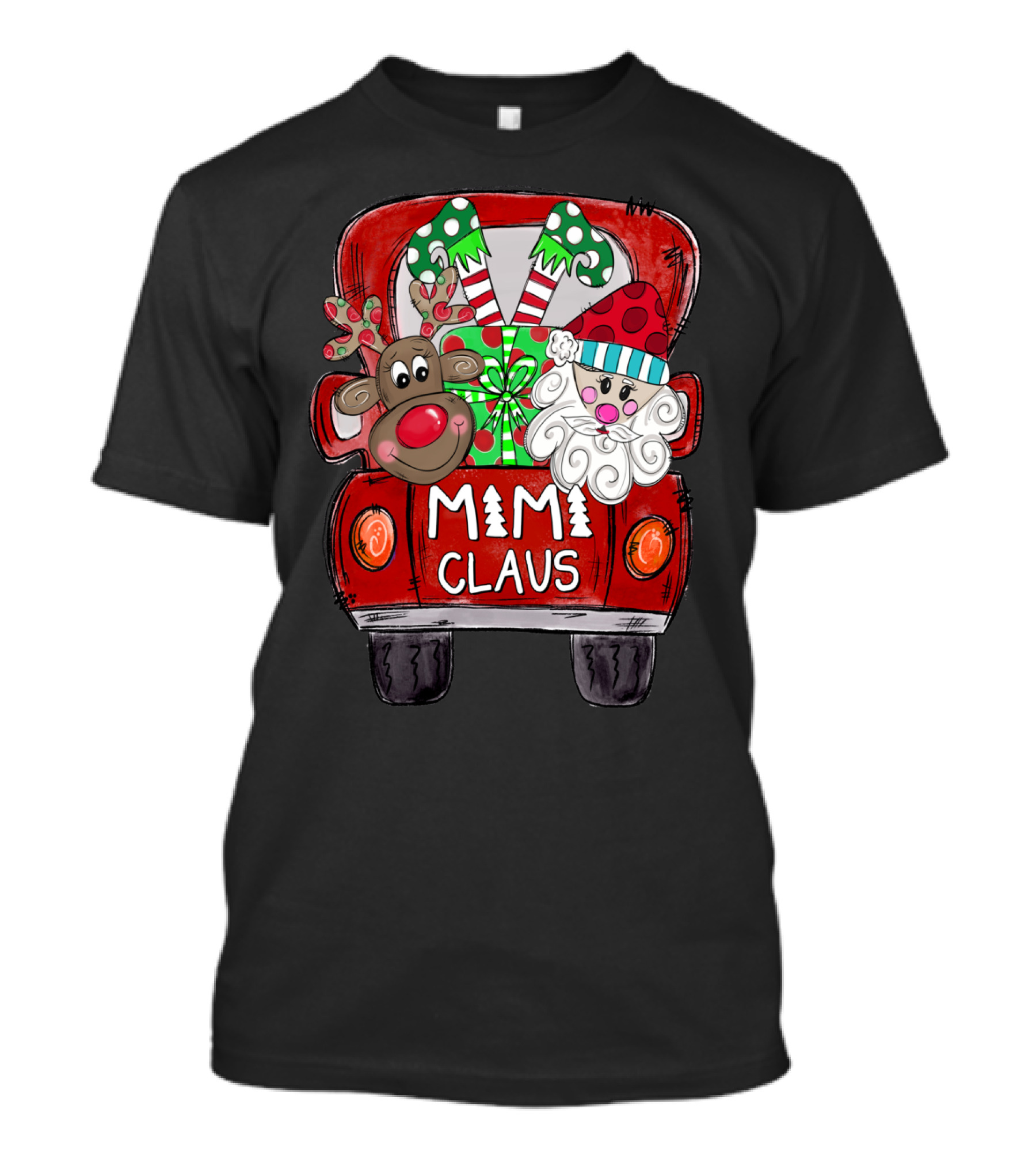 Mimi Claus Christmas Reindeer And Santa Claus In Festive Van T-Shirt