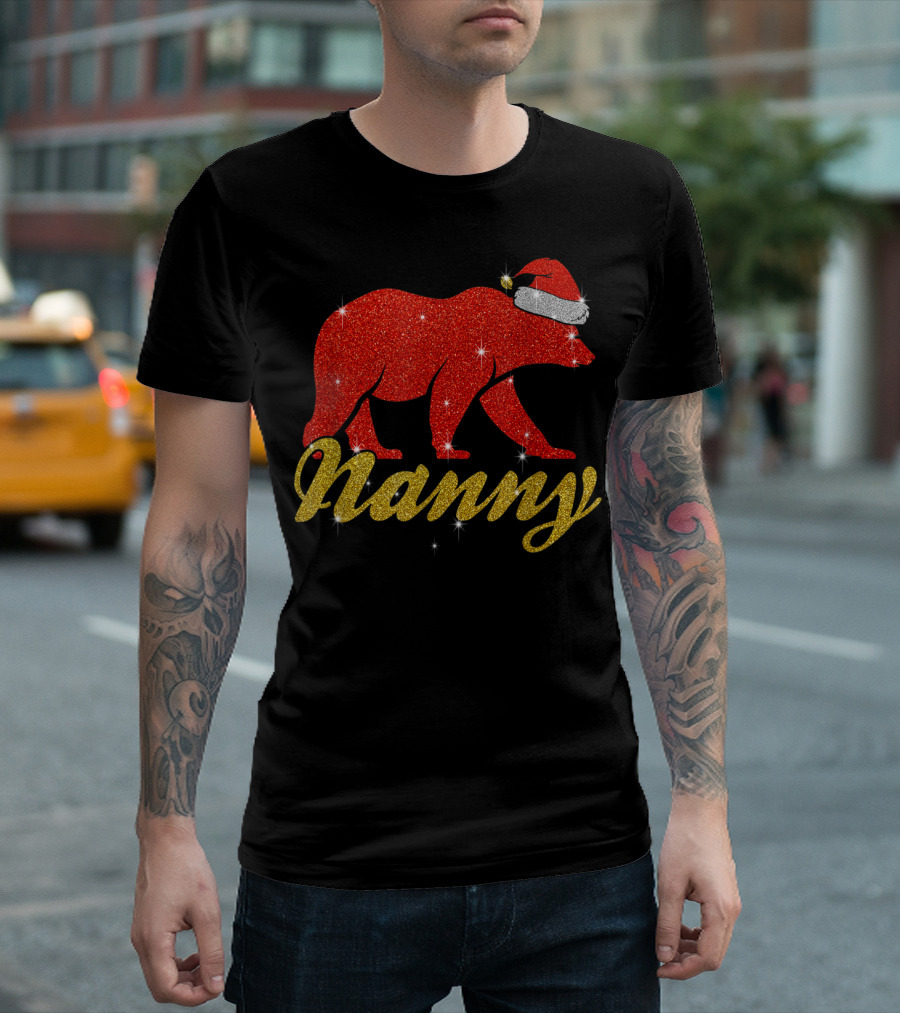 Nanny Bear Santa Hat Sparkly Red Gold T-Shirt
