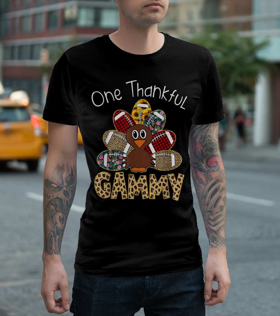 One Thankful Gammy Turkey with Football and Patterned Feathers T-Shirt