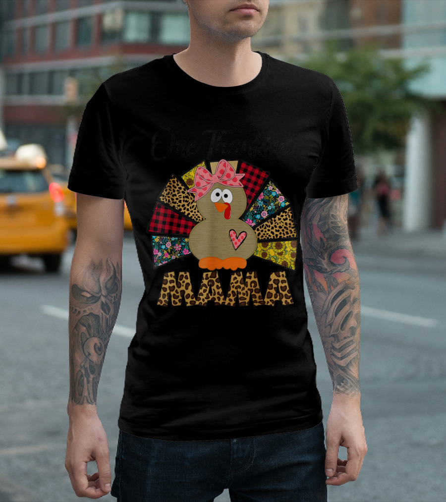 One Thankful Mama Turkey Leopard Plaid and Floral Bow T-Shirt