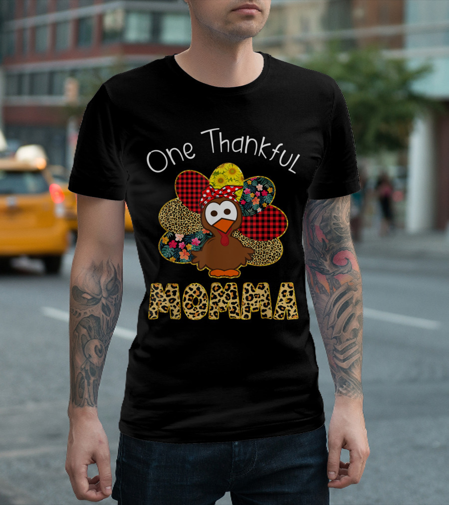 One Thankful Momma Turkey with Leopard and Floral T-Shirt
