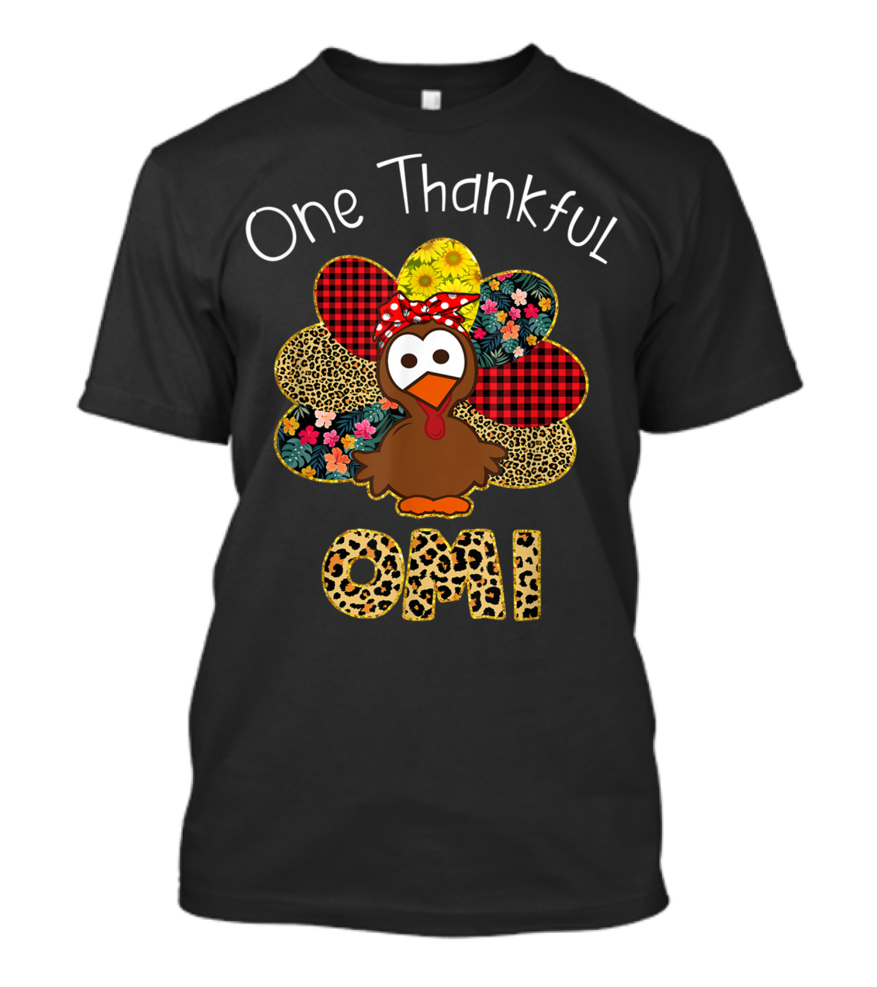 One Thankful Omi Turkey With Floral, Plaid, And Leopard T-Shirt